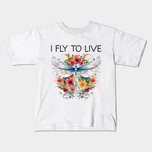 I Fly To Live - Floral Dragonfly (Black Lettering) Kids T-Shirt